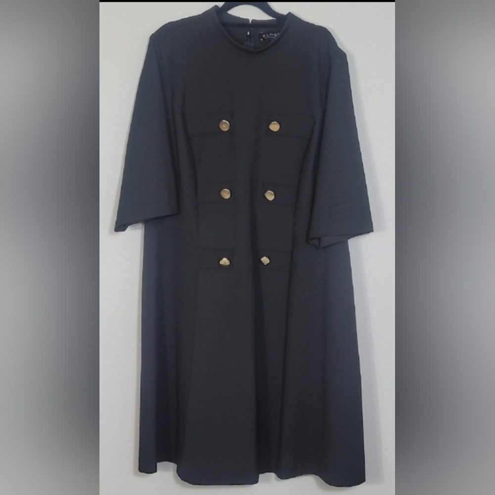 Eloquii Mock Neck Military Dress Size 20 Black Gold Buttons Sleeves Midi Classi - Picture 2 of 14